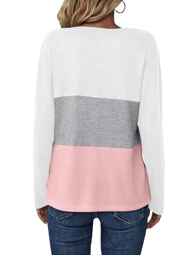 Zeagoo Ladies Top Long Sleeve Tops Color Block V Neck Tshirt Waffle Shirts Casual Tunic Henley Shirts for Women,White/Gray/Pink XL