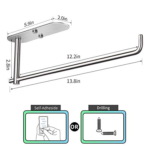 Image of VAEHOLD Self Adhesive Paper Towel Holder Under Cabinet Mount, Wall Mounted Paper Towel Roll Holder for Kitchen, Bathroom, Wall - SUS304 Stainless Steel (Silver)