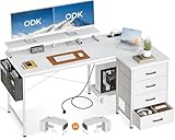 ODK Eckschreibtisch mit 4 Stoff Schubladen, 140x80cm Schreibtisch L Form Reversibler mit USB-Ladeanschluss&Steckdose, Eckschreibtisch mit Stauraum mit Monitorständer Gaming Tisch für Homeoffice, Weiß