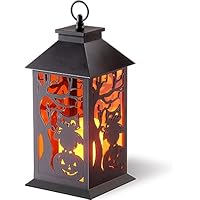 National Tree Company Halloween Lantern with LED Lights, Carved Images of Owls, Pumpkins, Leafless Trees, 12 inches