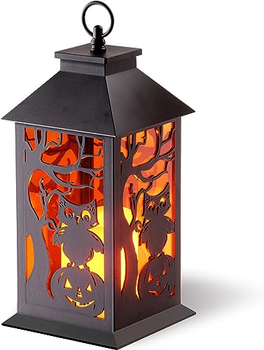 National Tree Company Halloween Lantern with LED Lights, Carved Images of Owls, Pumpkins, Leafless Trees , 12 inches