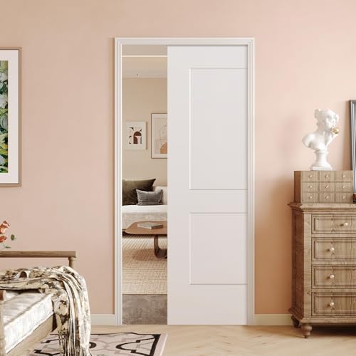 Image of BARNSMITH 36in x 80in Sliding Pocket Door, Track Hardware and Frame Kits with 2-Panel White Paintable Door Slab Included, Soft Close Mechanism, Durable and Smooth