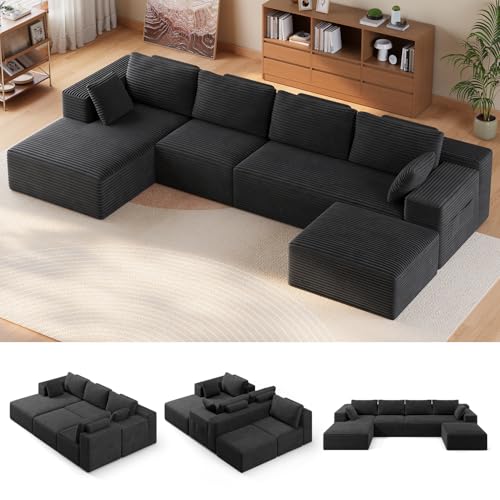 3 Packages Shipping Ovios 135" Sectional Boneless Sofa Couch with Chaise, Modular Cloud Couch with Ottoman Plush Corduroy, No Assembly Required Big Comfy Sofa Bed with Fluffy Memory Foam for Livingroom
