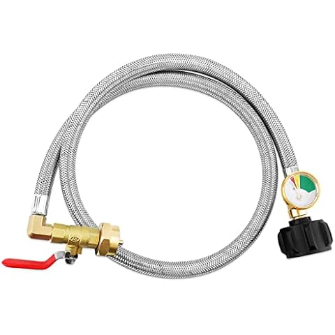 Welltop Propane Refill Adapter Hose, Upgraded Stainless Braided 36" QCC1 Type Inlet Extension Propane Refill Hose with Gauge Shutoff Valve for 1 LB Propane Gas Tank 350PSI High Pressure Camping Grill Cover