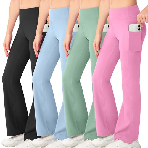 NORMOV Girl's Bootcut Yoga Pants with Pockets,High Waisted Casual Kids Bell Bottoms Pants (Black/Apple Pink/Light Blue/Mint Green/L)