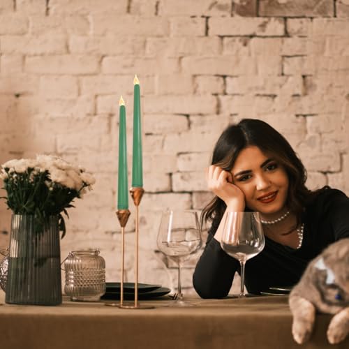 Image of Angoily Flameless Ivory Taper Candles Flickering, Green Real Wax Led Flameless Taper Candles, Battery Operated Led Warm 3D Wick Light Window Real of 6, Christmas Home Wedding Decor