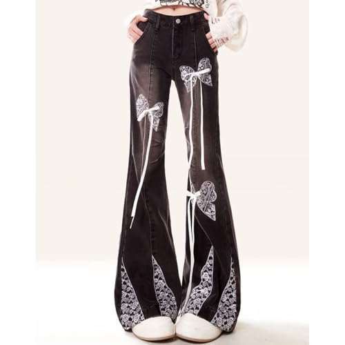 Gothic High Waisted Jeans for Women Y2K Cute Bow Tie Lace Printed Drawstring Bell Bottom Denim Pants3