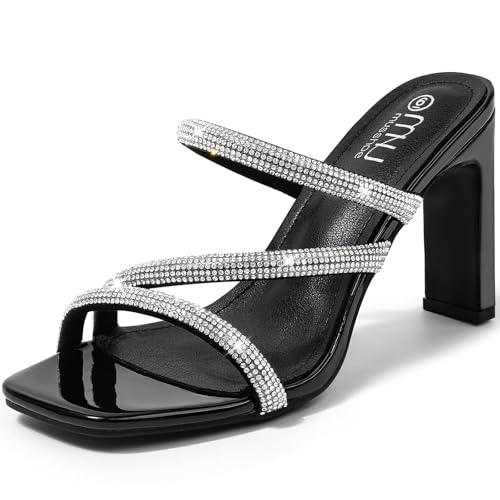 Image of High Heels Sandals for Women Rhinestone Open Toe Slip On with Strappy Strap Dressy Sparkly Heel Bridal Shoes Comfy Sexy Cute