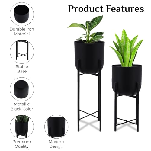 Image of Bee Creative Metal Floor Plant Pot Set of 2 Ideal for Indoor Outdoor Home Decor Round Planter with Metal Plant Stand