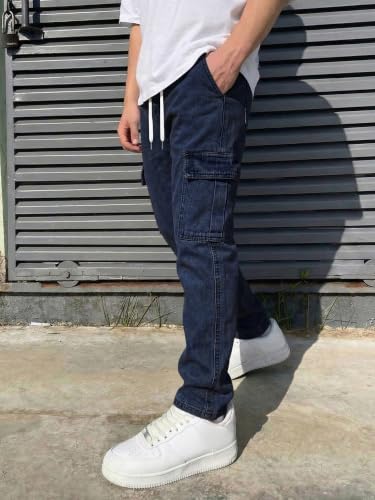 Image of JMIERR Men's Elastic Waist Cargo Jeans Stretch Denim Pants with Drawstring Straight Leg for Casual Daily Wear