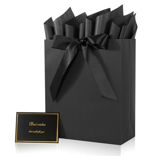 Elegant Black Gift Bag 10.2x4.7x12.2 with Ribbons Handles Includes Card and Tissue Papers for Weddings Birthdays Baby Shower Parties Holidays