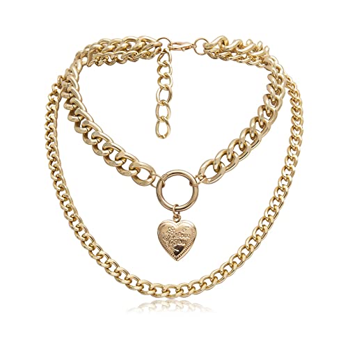 ANAZOZ Collier Double Rangs Femme Chaîne Maille Large avec Pendant Cœur, Couleur Or Fantaisie Cover
