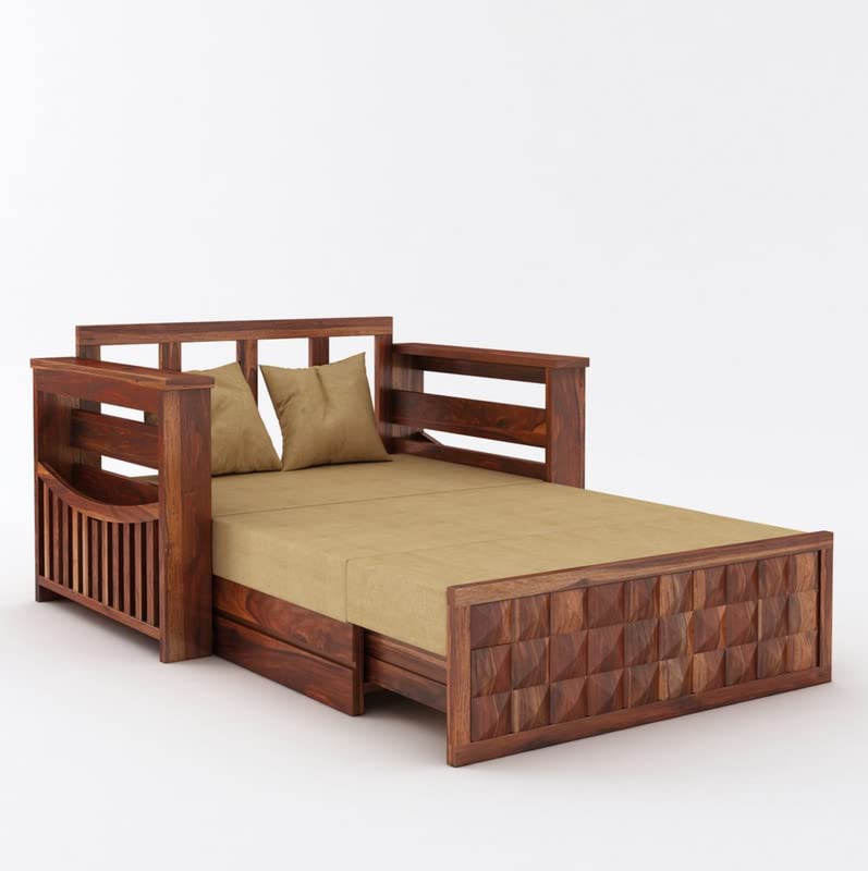 Image of Solid Sheesham Wood 2 Seater Diamond Sofa Cum Bed for Living Room with Storage and Side Pockets Couch Diwan Wooden Bedroom Furniture Two Seater Sofa for Home Hall and Office (Honey Finish)