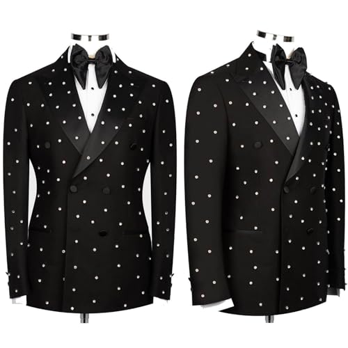 Mens 2 Pieces Suit Slim Fit Double Breasted Tuxedo Blazers Pants Outfit with Handmade Crystal Rhinestone2
