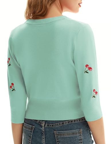 Image of Belle Poque Women's 3 /4 Sleeve V-Neck Button Down Cherries Embroidery Cropped Cardigan Sweater Coat