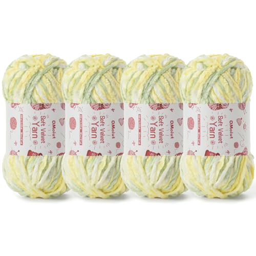 Image of 4x100g Fluffy Velvet Chenille Yarn for Crocheting and Knitting, 4x80m (87.5yd) Baby Yarn for Crocheting Soft, Crochet Chunky Yarns Amigurumi Yarns (4 Greenish Yellow)