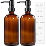 Soap Dispenser with Stainless Steel Pump,500ml Brown Glass Soap Dispensers, Hand and Dish Soap Dispenser for Kitchen & Bathroom, Refillable Amber Glass Bottle with Pump and Label (2, Amber)