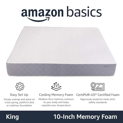 Image of Amazon Basics Gel Memory Foam Mattress, Firm, Cooling, King Size Mattress, CertiPUR-US Certified Foam, 80 x 76 x 10 inches, White /Gray