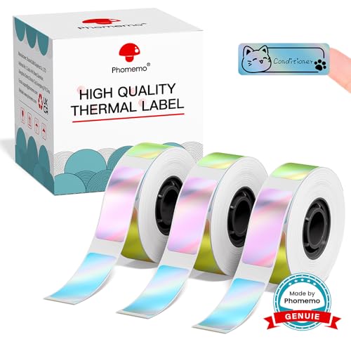 Phomemo D30 Label Tape, Black on Green Pink Blue Stunning Holographic Shine Label, Laser Name Label Thermal Paper Self-Adhesive, 14 x 40 mm (0.5 x 1.57 Inch) 3-Roll for Home School Office