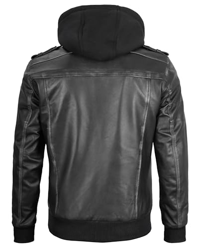 Image of Decrum Mens Leather Jacket - Detachable Hood Stylish Real Lambskin Leather Bomber Jacket Men