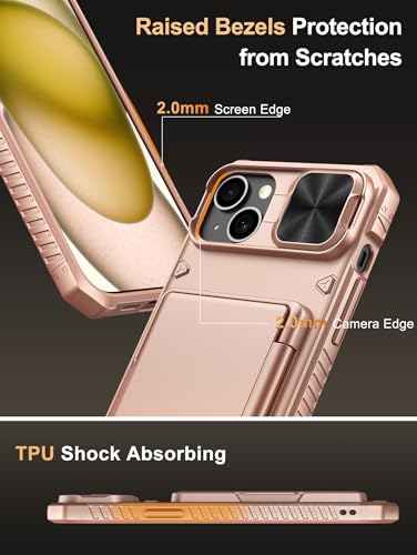 Image of Vihibii for iPhone 15 Plus, iPhone 14 Plus Wallet Back Cover with Card Holder (4 Cards) [RFID Blocking] & Slide Camera Cover & Raised Edges Screen Protection, Shockproof Rugged Case, 6.7 inch, Rose Gold