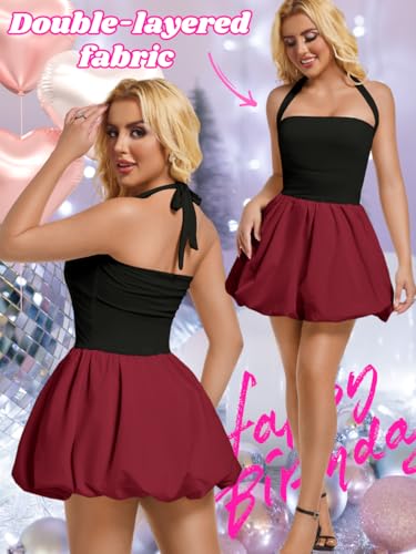 Image of ChiaoLezhee Halter Mini Bubble Dress, Date Night Birthday Homecoming, Coquette Short Corset for Women, Sexy Cute Going Out