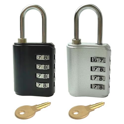 Candado Combinacion 4 Dígitos, Candado Numerico Aleación de Zinc con Llaves, Candados de Metal Impermeable, Candados Seguridad para Taquillas, Gimnasio, Maleta Viaje, Gabinete, Puerta (Negro/Plateado)