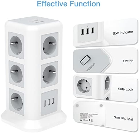 TESSAN Listwa Zasilająca 11 Gniazd (2500W/10A) 3 Portów USB z Wyłącznikiem, Listwy Zasilające Wieloma Wtyczkami z Ochrona Przed Przeciążeniem, Gniazdo Dystrybucyjne Rozdzielacz Mocy do Biura, 2M Biały