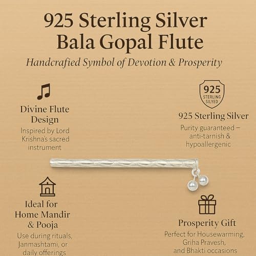 Image of 925 Sterling Silver Bala Gopal Flute for Home Temple | Handcrafted Pooja Article | Prosperity Gift for Krishna Worship | Auspicious Decor for Janmashtami, Festivals, Housewarming & Spiritual Use