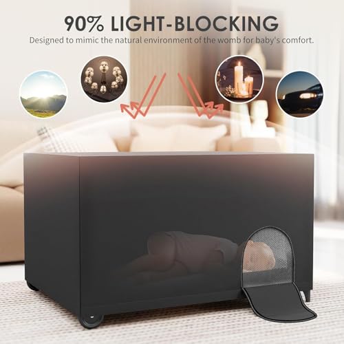 Image of Blackout Cover for Pack and Play, Blocks 90% Light Portable Travel Crib Canopy with Storage Bag, Stretchy Breathable Playard Netting Cover for Indoor Outdoor, Black
