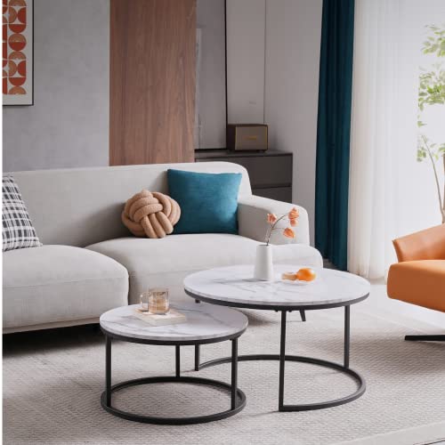 Image of HJhomheart 2 Sets of Nesting Tables, Round Coffee Table, Coffee Table for Living Room, Large: 60x60x45cm; Small: 40x40x35 cm, White+Black