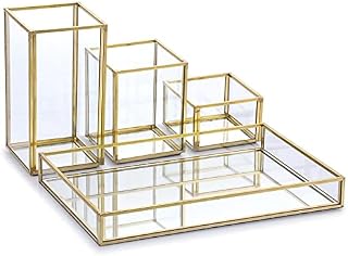 Tolida Gold Glass Combined Cosmetic Box with Stackable Makup Brush Holer and Jewelry Tray, Cosmetic Brush Eyeliner Display, Pen Pencil Holder with Mirrored Vanity Tray for Dresser Bathroom Bedroom