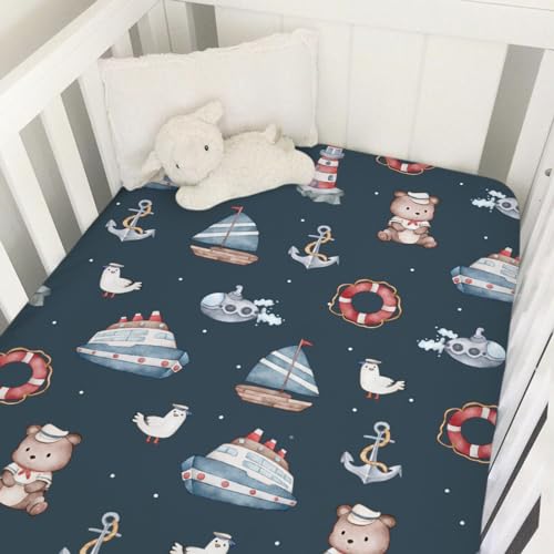 Image of Cute Sailor Watercolor Bear Seagull Baby Crib Sheet 52''x28'' Nautical Life Ship Anchor Lighthouse Stretchy Fitted Crib Mattress Sheet for Boy Girl Soft Bed Sheets for Standard Crib Toddler Mattress