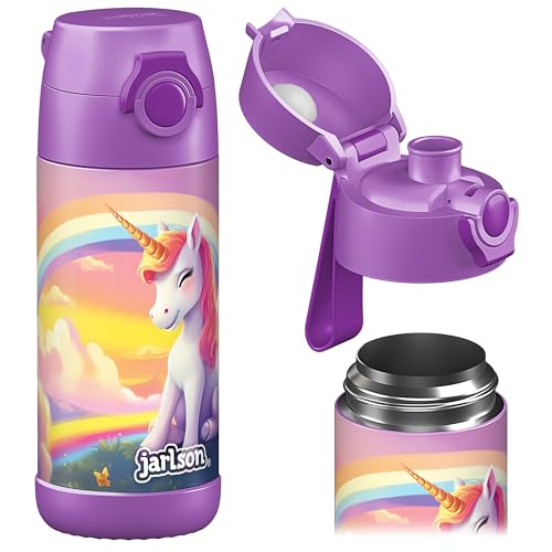 Jarlson® Trinkflasche Kinder Edelstahl MALI [THERMOSFLASCHE] - Kindertrinkflasche Auslaufsicher - Thermoskanne Kohlensäure geeignet - Trink Flasche für Schule & Kindergarten (350ml, Einhorn 2.0)