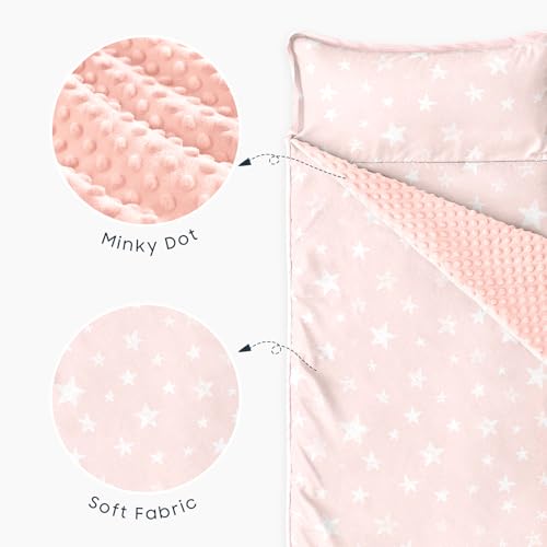 Wake In Cloud - Toddler Nap Mat with Pillow and Minky Fleece Blanket, for Kids Boys Girls in Daycare Preschool Kindergarten, Roll Up Sleeping Bag, Cute Star Polka Dot, Light Pink, Standard