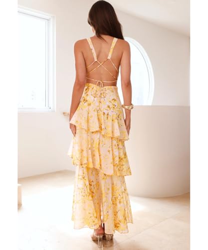 Women's Sexy Deep V Neck Maxi Dress Floral Backless Ruffles Hem Cocktail Party Long Dresses3