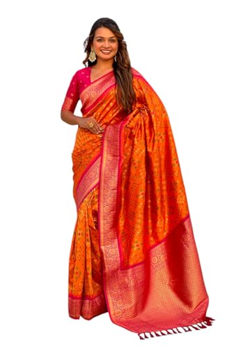 Orange Soft Silk Zari Woven Premium Patola Saree with Contrast Weaves