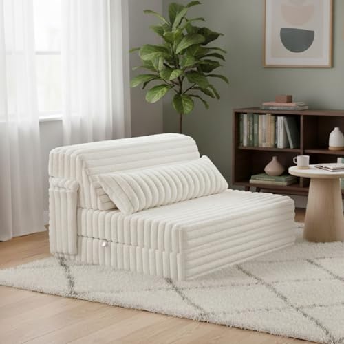 Image of Tiita Folding Sofa Bed Twin Size, Convertible Sleeper Chair Mattress with Pillow, Thick Corduroy Floor Mattress Couch Bed with Side Pocket, Guest Room, Dorm, Apartment, Beige