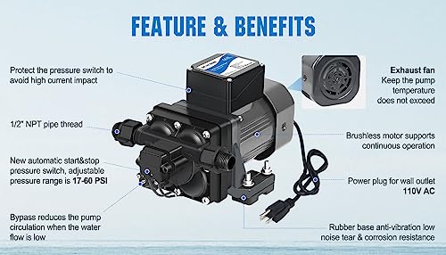 DC HOUSE Fresh Water Transfer Pump 110V AC with Pressure Switch 5.5GPM 55PSI, Brushless Motor Garden Hose Water Pressure Booster Pump for Home Irrigation Sprinkler System Shower Marine RV Capmer - Thumbnail 5