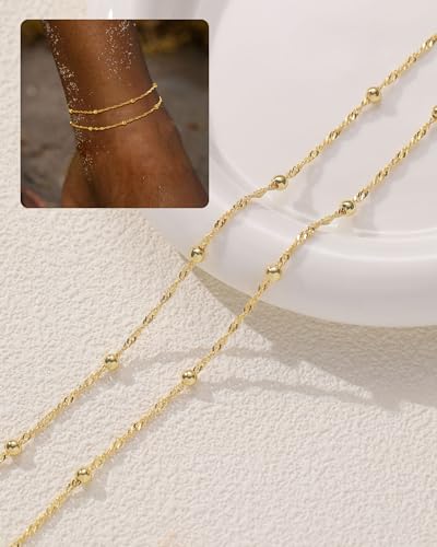 Image of FUNEIA Gold Silver Ankle Bracelets for Women Waterproof 14K Gold Plated Anklets for Women Non Tarnish Dainty Layered Beaded Heart Anklet Set Summer Beach Foot Chain Jewelry Gifts Trendy Stuff