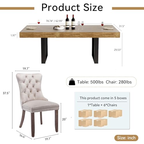 Image of Brown Dining Room Table Set for 6, 7-Piece 63 inch-78.74 inch Extendable Dining Table Set with 6 Upholstered Chairs, Rectangle Wooden Expanding Kitchen Table and Beige Chairs Set