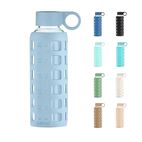 purifyou 40oz / 32oz / 22oz / 12oz Borosilicate Glass Water Bottle with Time & Volume Markers, Silicone Sleeve, Stainless Steel Lid | Reusable Glass Bottle for Water & Juice (12oz Ice Blue)