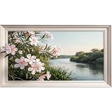 50,8 x 91,4 cm, arte da parete con cornice 3D, paesaggio botanico fluviale rosa, fiori di oleandro rosa, adesivo da parete in tessuto adesivo da parete per camera da letto e soggiorno