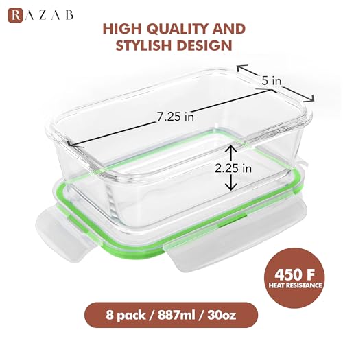 Image of Razab 16 Pc (Set of 8) 30 Oz Glass Meal Prep Containers with Lids, Airtight Large Glass Food Storage Containers, Reusable Leak Proof BPA Free, Freezer to Oven and Dishwasher Safe