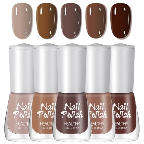Autumn Nail Polish Sets - 5 Colors Nude Brown Series Nail Varnish Set - Neutral Maroon Chocolate Brown Quick Dry Nail Polish Set - Long Lasting Nail Varnish Sets for Women Nail Art DIY Salon at Home
