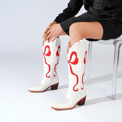 Image of Women's White Cowgirl Boots with Bow Knee High Cowboy Boots Almond Round Toe Chunky Heel Embroidered Western Cowboy Boots for Women