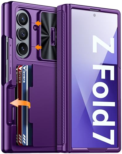 Vizvera for Samsung Galaxy Z Fold 7 Case RFID Wallet with Cards Holder [Hinge Cover] [Camera Cover] Shockproof Silicone Protective Phone Case for Z Fold 7 2025-Purple