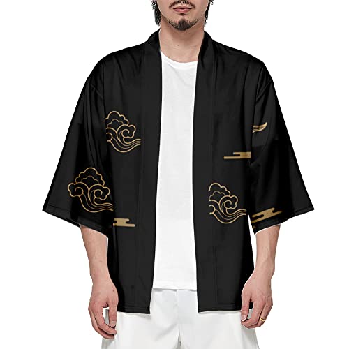 Image of DOSLAVIDA Men's Japanese Kimono Jacket Set Stylish Open Front Coat With Shorts Chinese Style Printed Cardigan Suit