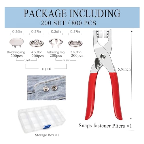 Image of GTAAOY 800PCS Metal Snaps Buttons with Fastener Pliers Press Tool Kit Perfect for DIY Crafts Clothes Hats and Sewing, Snap Button Fasteners Kit for Clothing Sewing(200 Sets,9.5mm)