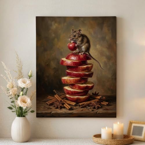 Lienzo decorativo para pared de ratón y frutas realistas, cuadro de otoño rojo de 16 x 20 pulgadas